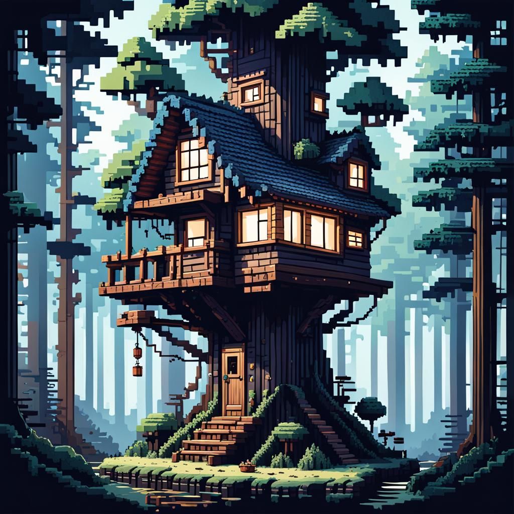 8-bit Pixel Art Treehouse in Dark Forest
