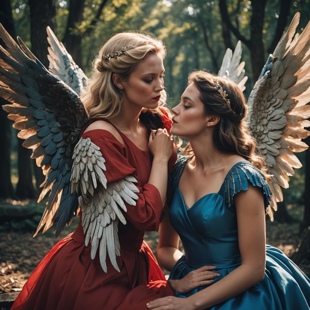 Romantic Kiss Between Angel and Girl: Cinematic Film Still