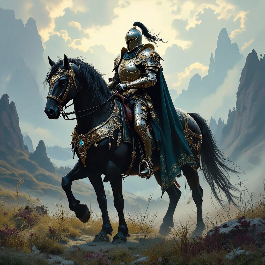 Fantasy Knight on Horseback in Ornate Armor