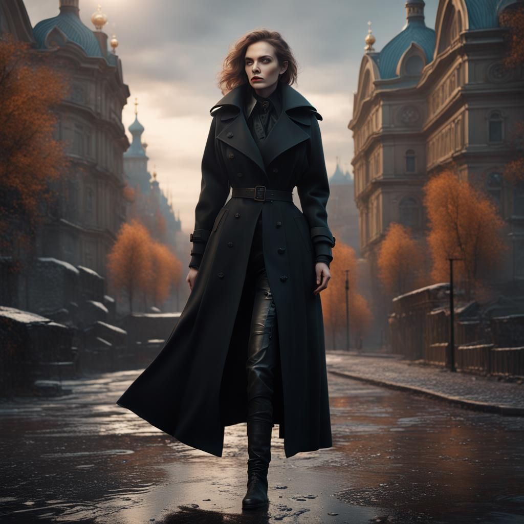 Woman in Black Trench Coat: Detailed Matte Painting