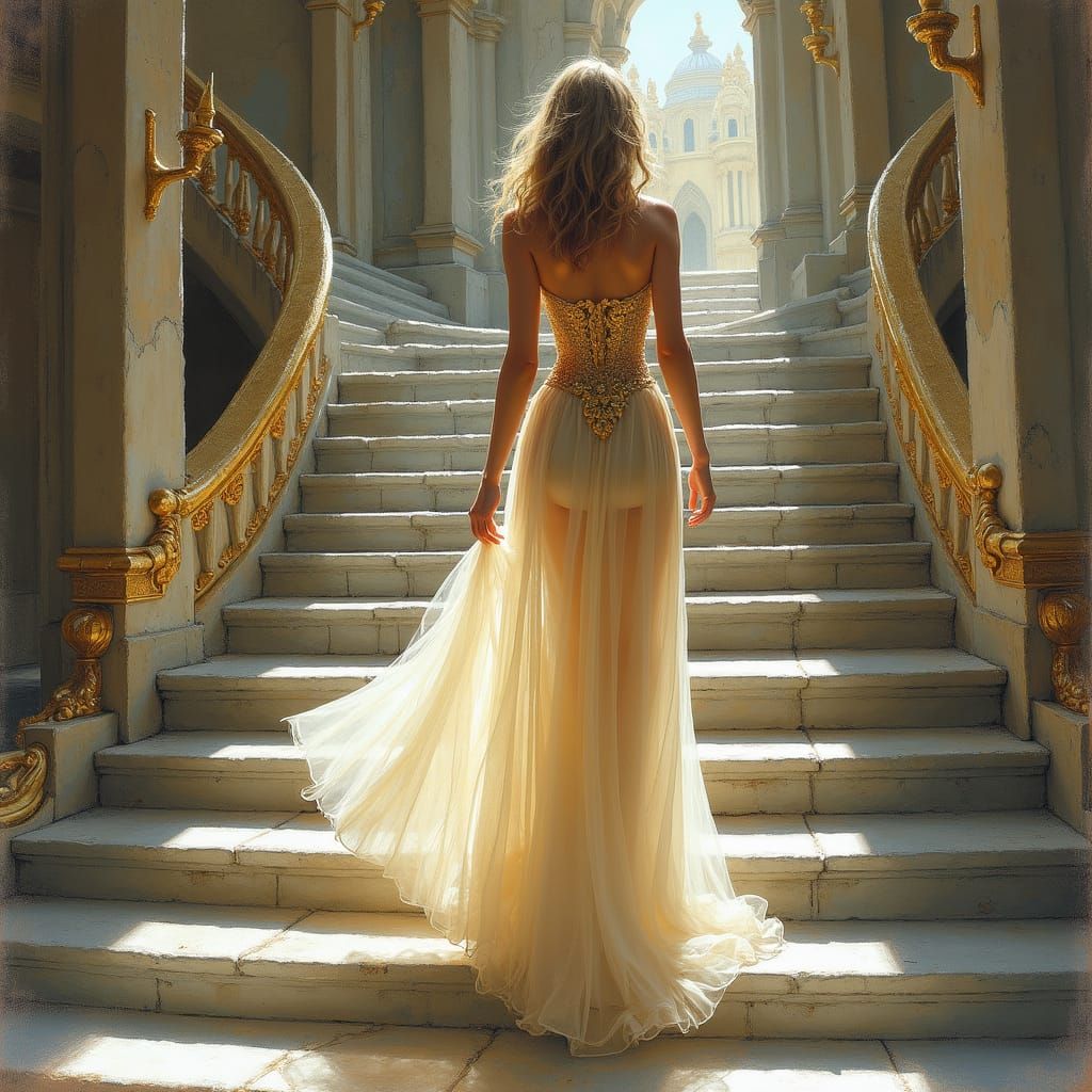 Princess Descending Palace Stairs in Pastel Style
