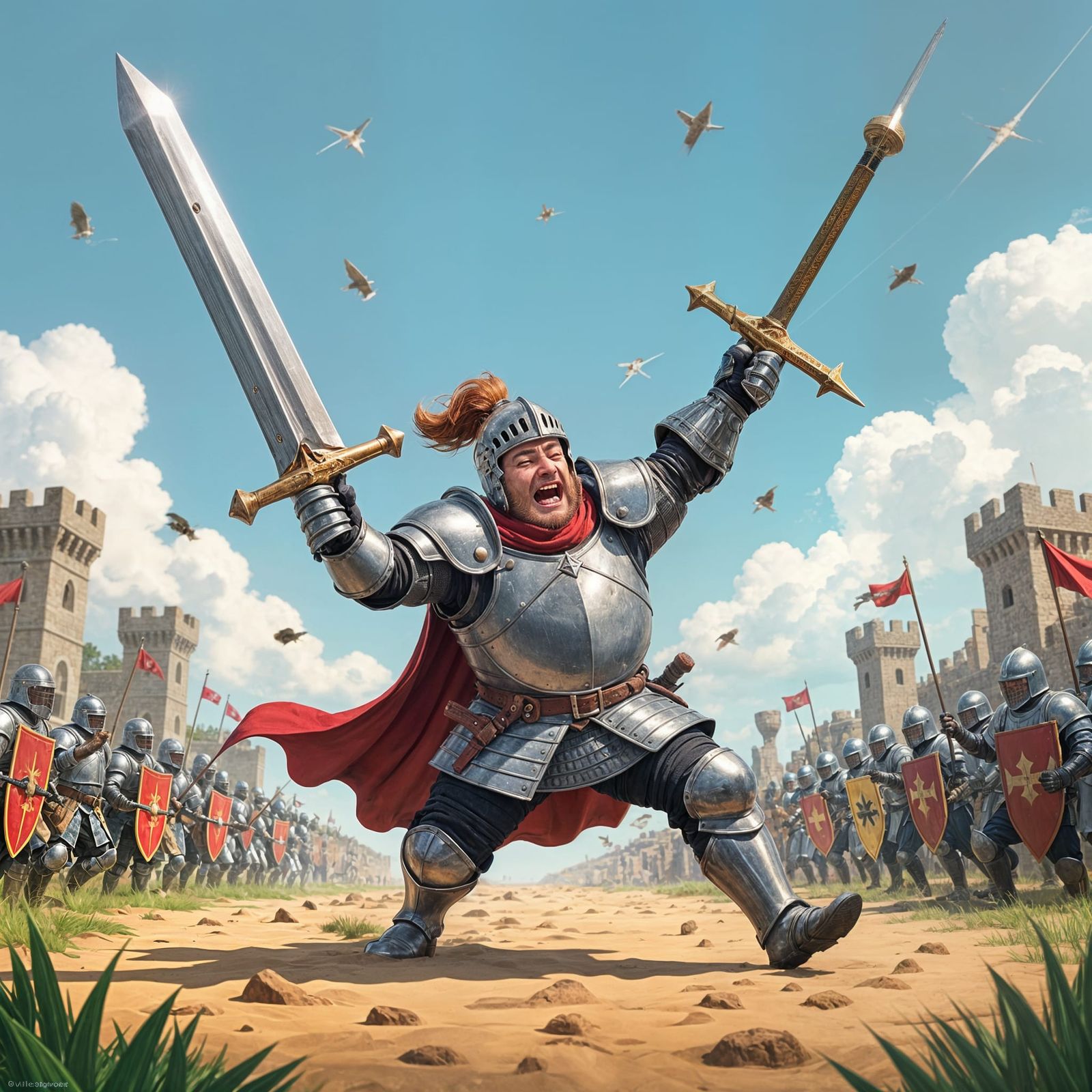 Knight Comically Trips Over Giant Fallen Sword