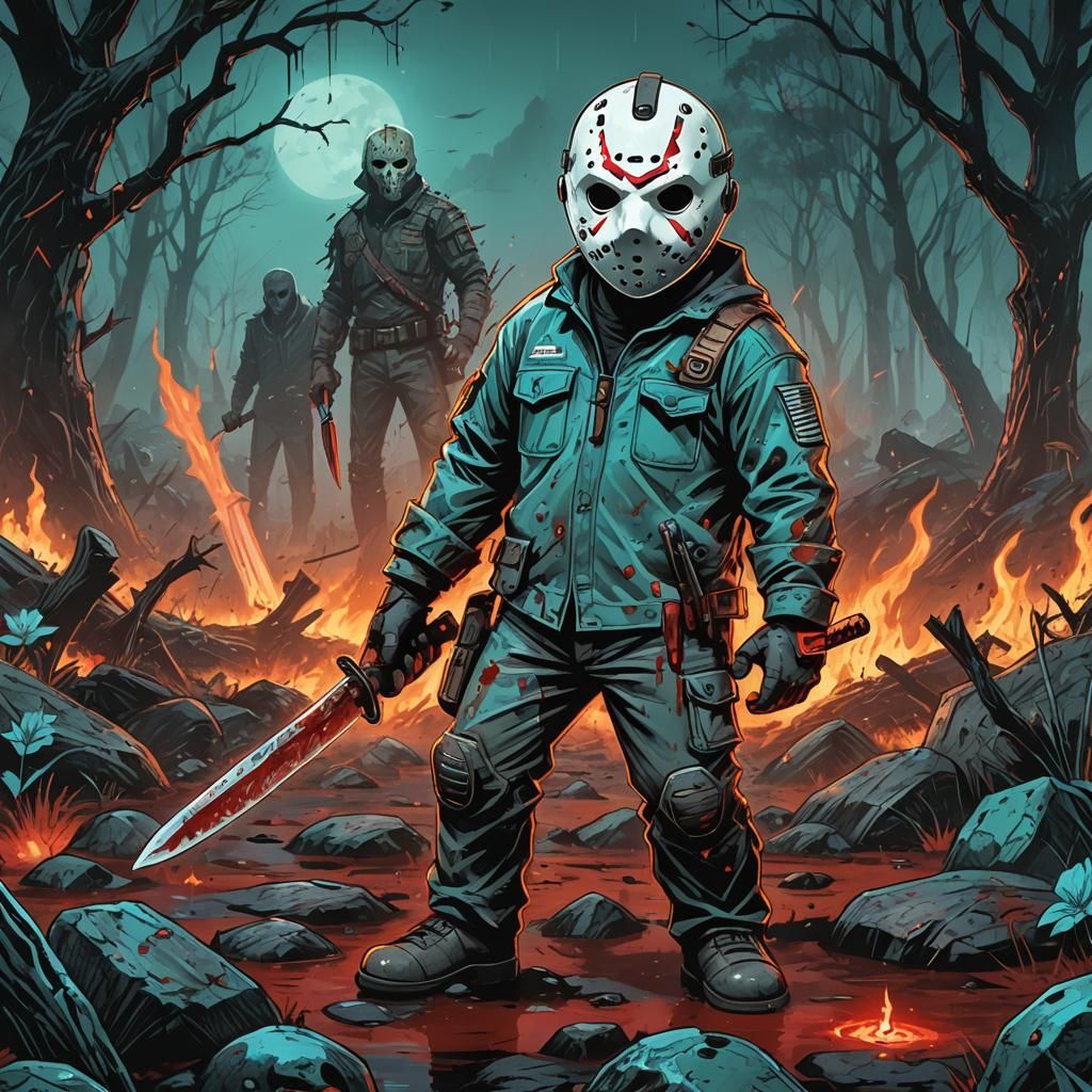 Chibi Jason Voorhees in Hellish Fantasy Landscape