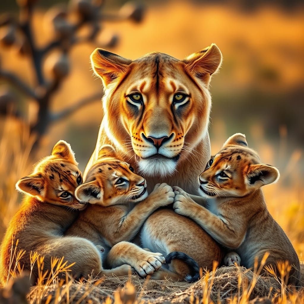 Majestic Lioness with Cubs in the Savannah