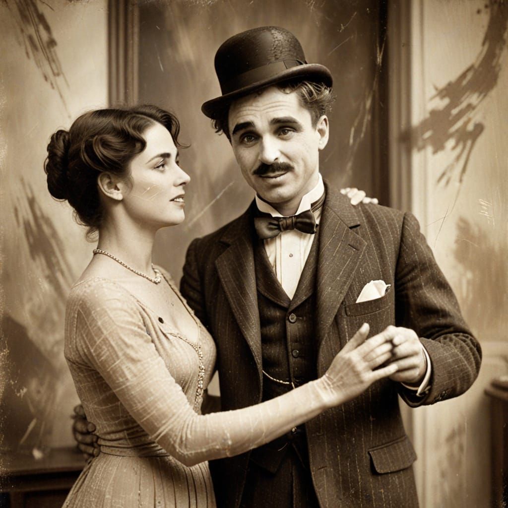 Vintage Sepia Photograph of Charlie Chaplin and Woman