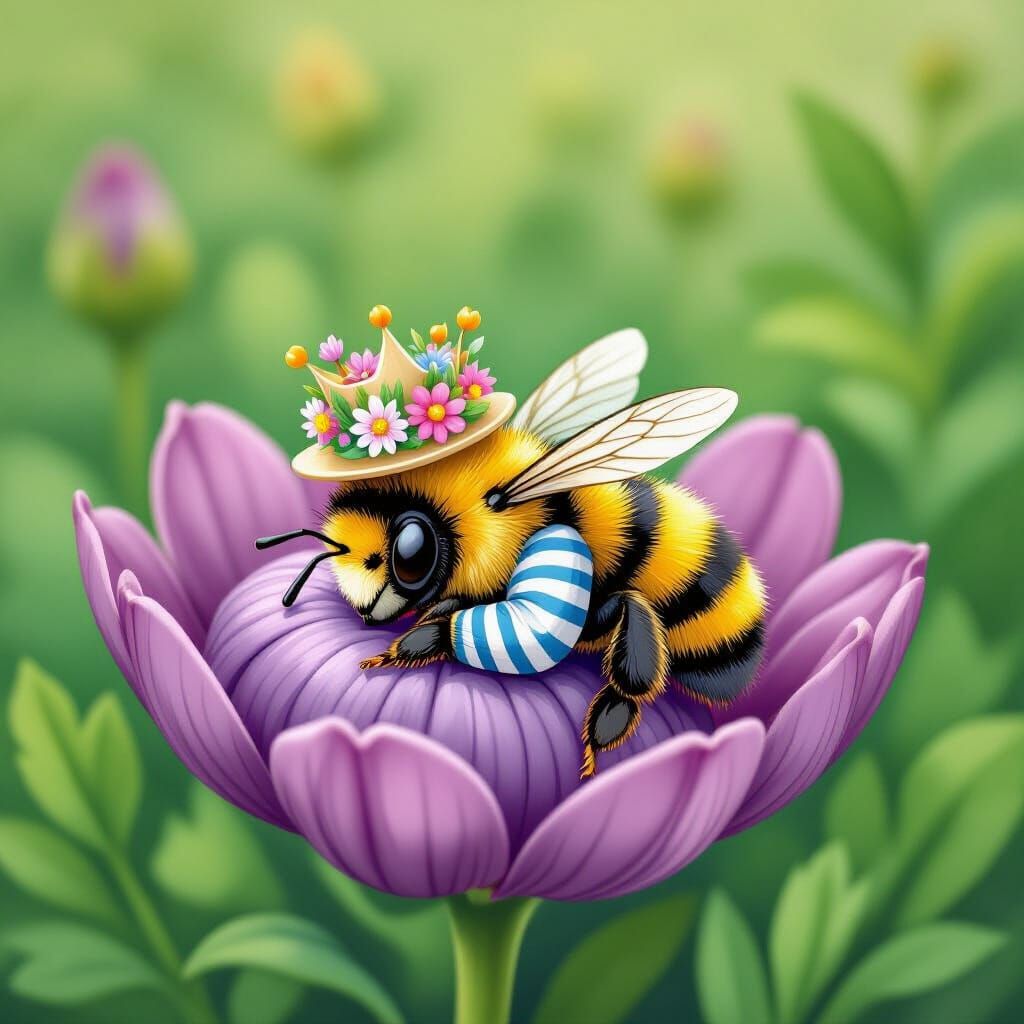 Bee Sleeping in Flower, Beatrix Potter Style