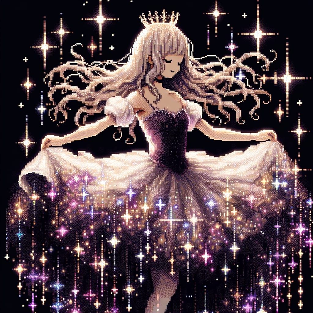 Pixelated Impressionistic Anime Ballerina with Starry Hair
