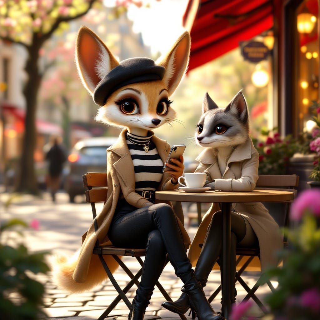 Chic Parisian Fox Sips Cappuccino with Ocelot Friend