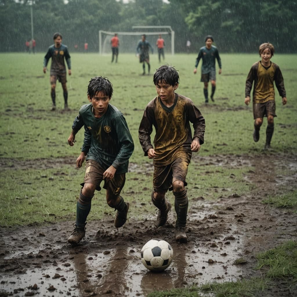 Kids Play Soccer in Rain: Cinematic Film Still