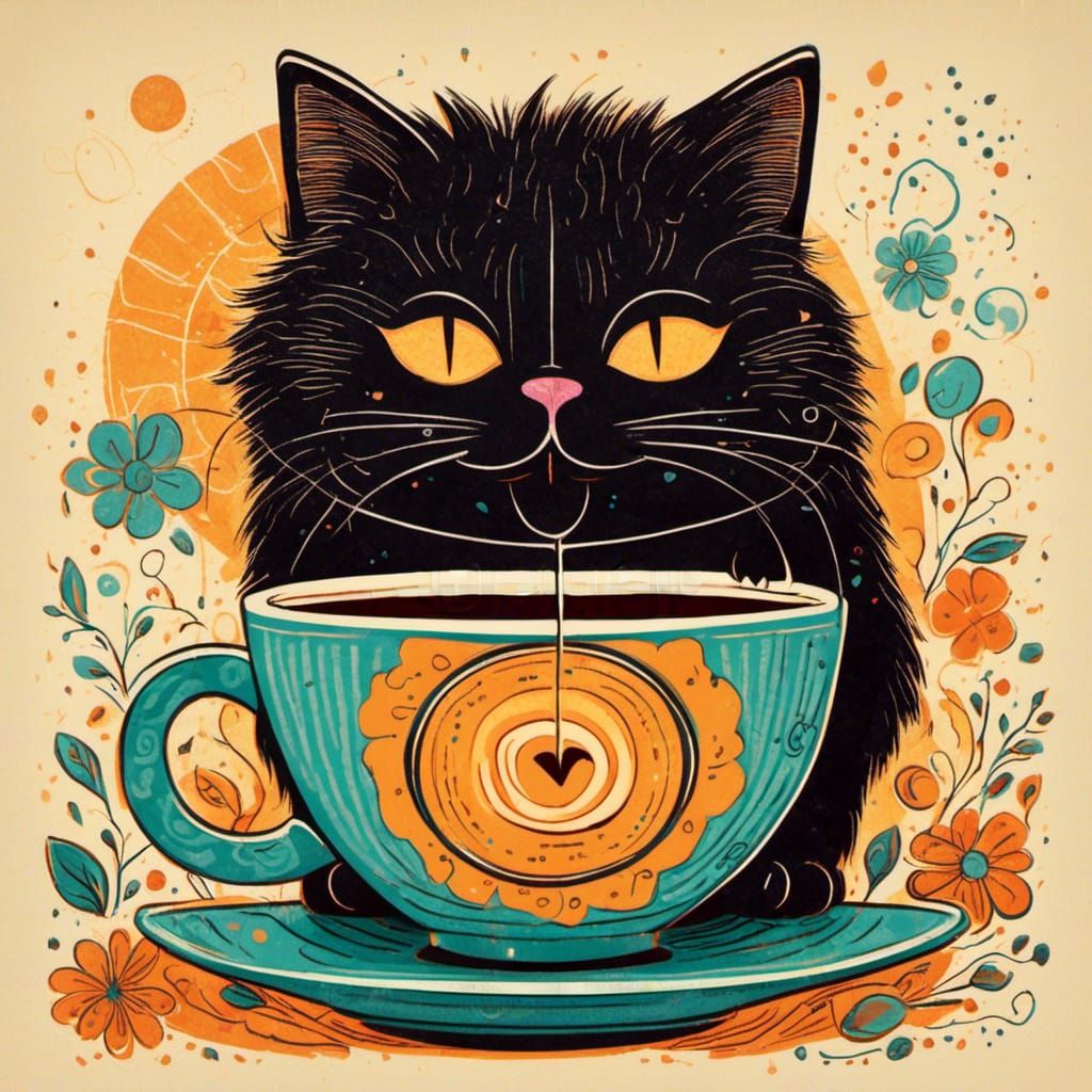 Sleepy Black Cat with Coffee in Pop Art Style