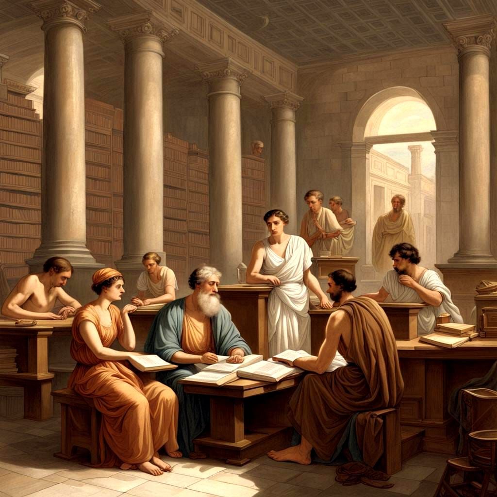 Hypatia Discussing Philosophy in Alexandria Library