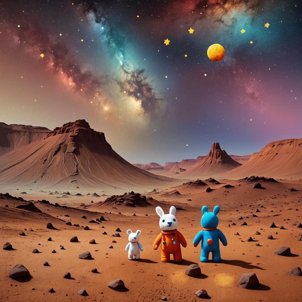 Toy Rabbit and Bear Explore Mars in Fantasy Art