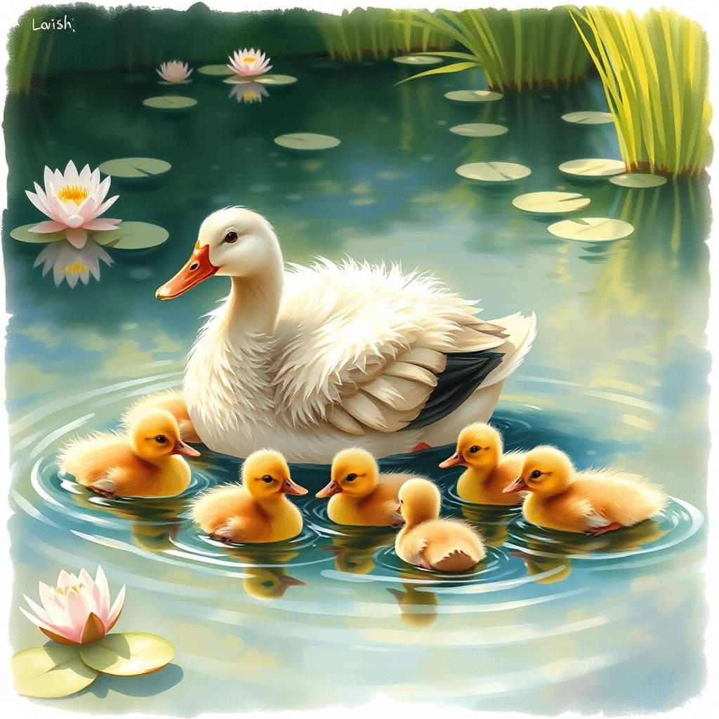 Whimsical Mother Duck Surrounded by Her Quacking Ducklings