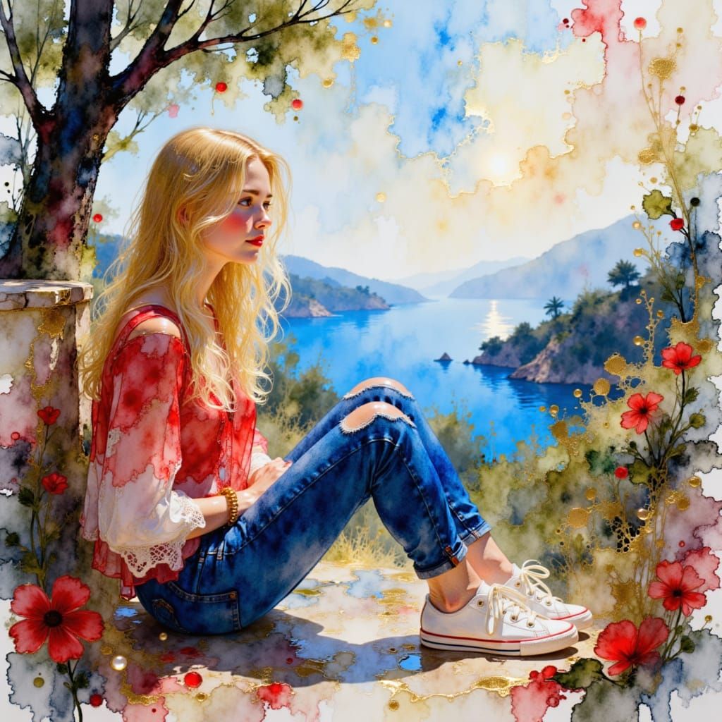 Woman by Mediterranean Sea in Expressive Ink Style