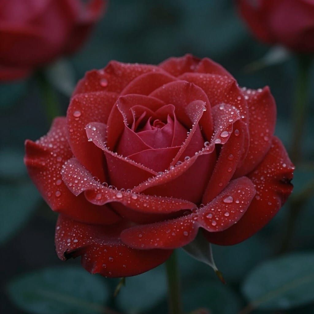 Red Roses Glistening with Morning Dew