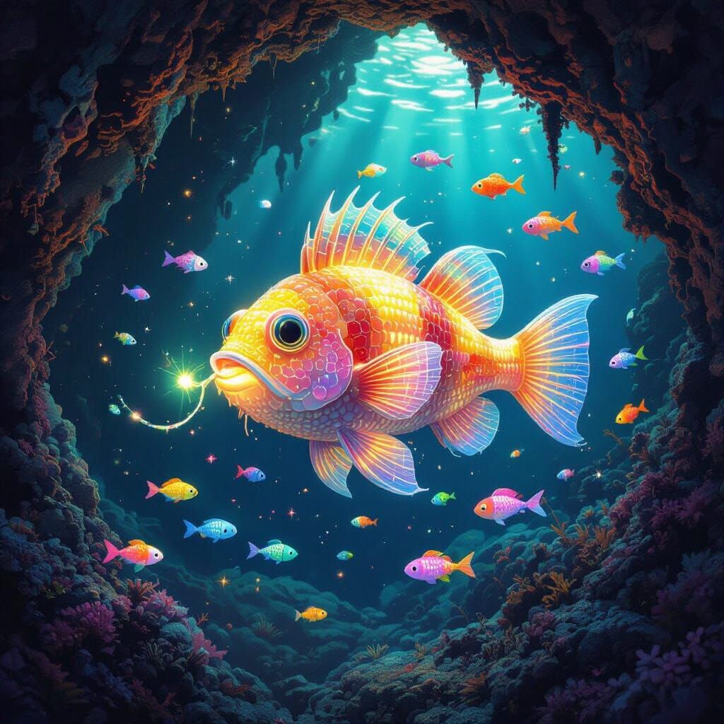 Bioluminescent Anglerfish in Abyssal Cave: Digital Painting
