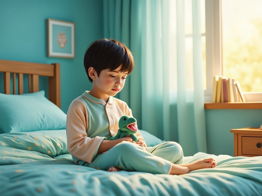 Boy with Dinosaur Plush in Cozy Blue Bedroom