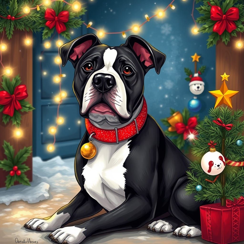 Joyful Pitbull in Festive Holiday Scene with Twinkling Light...