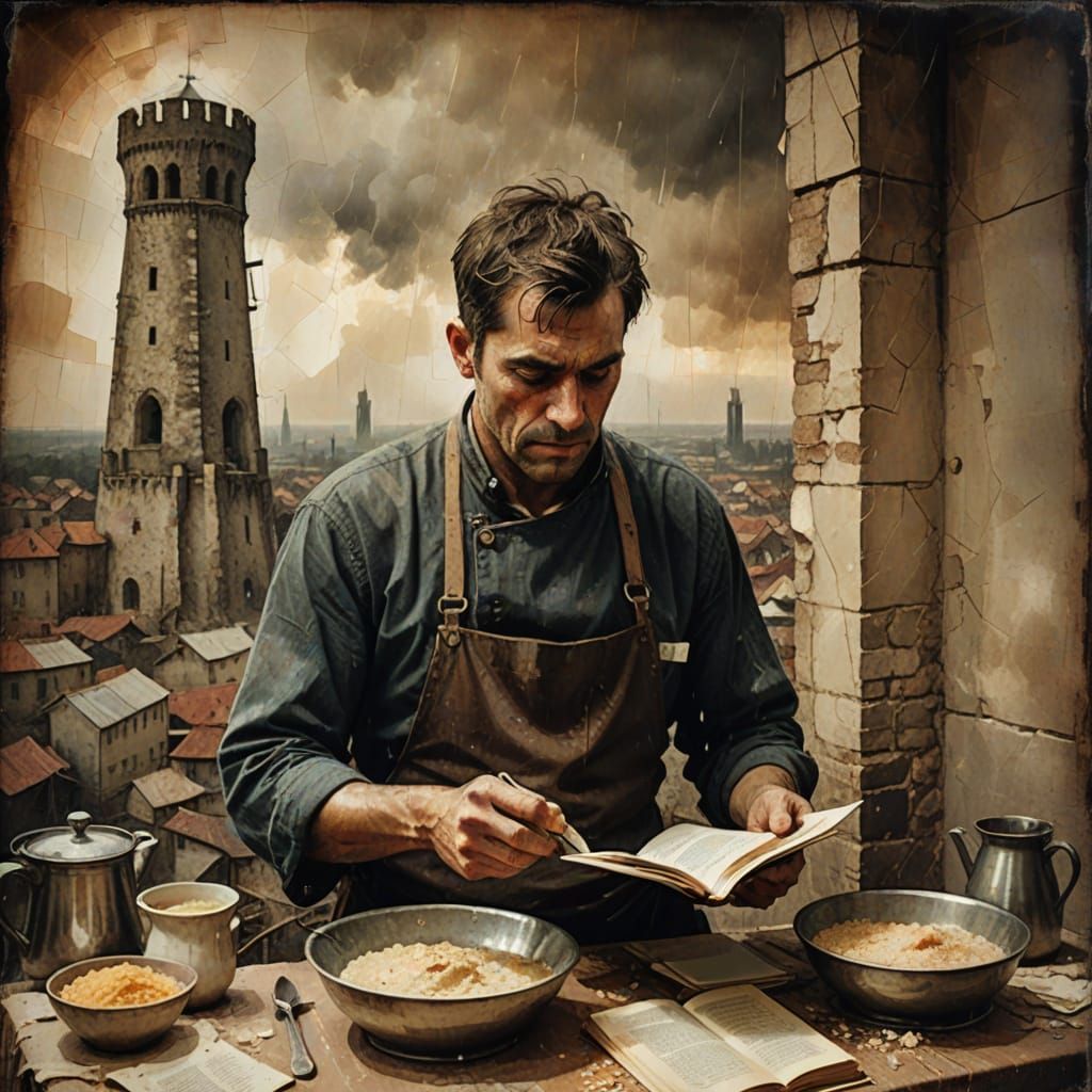 Expressionistic Collage of a Man Cooking Porridge