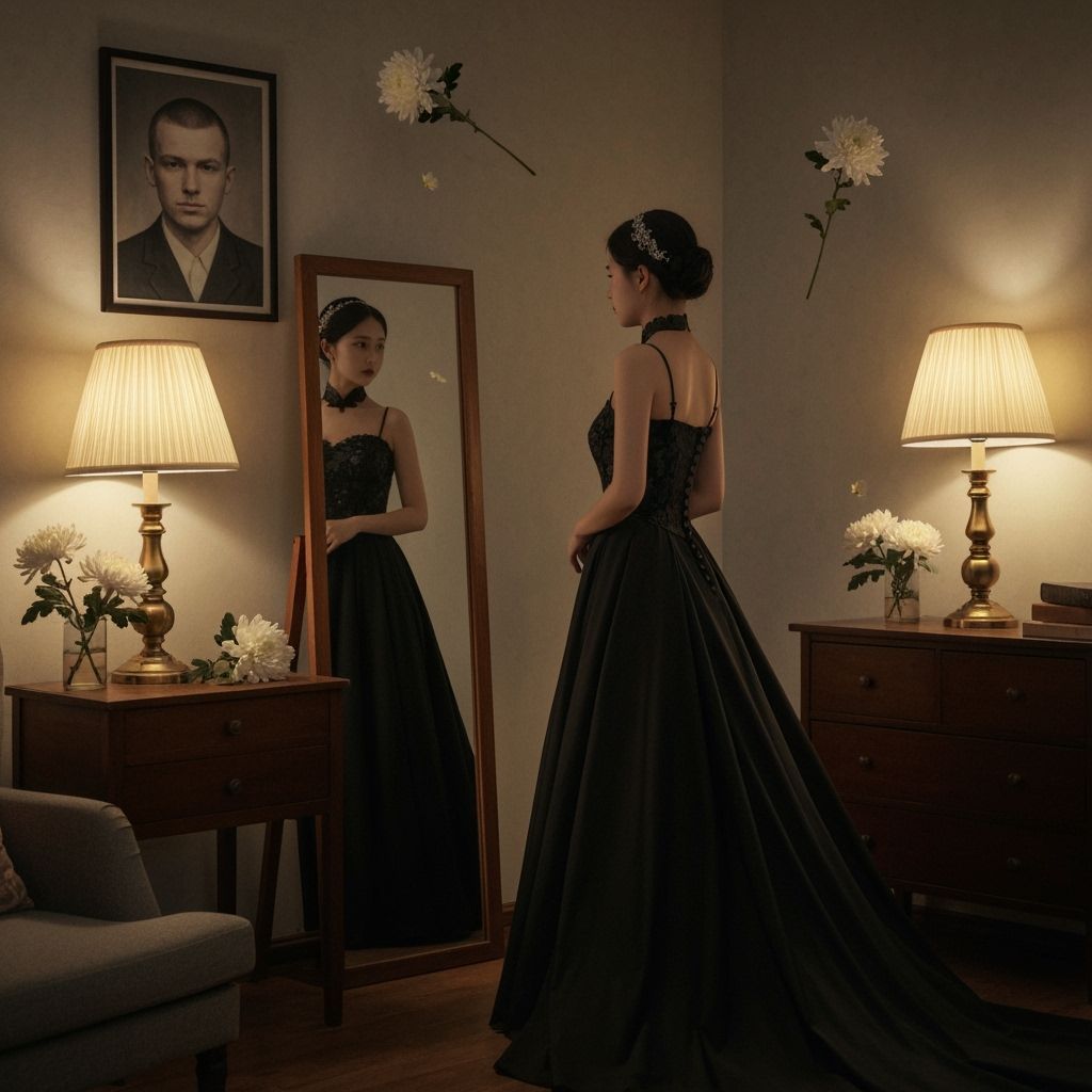 Pre-Raphaelite Chinese Bride in Black Dress with Sad Express...