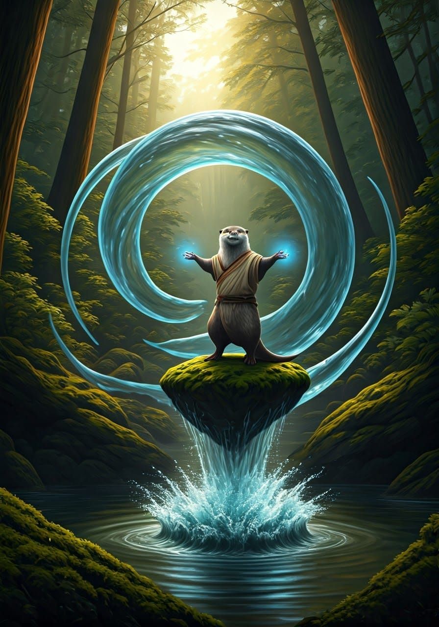 Surreal Otter Monk Conquers Water Levitation in Forest River