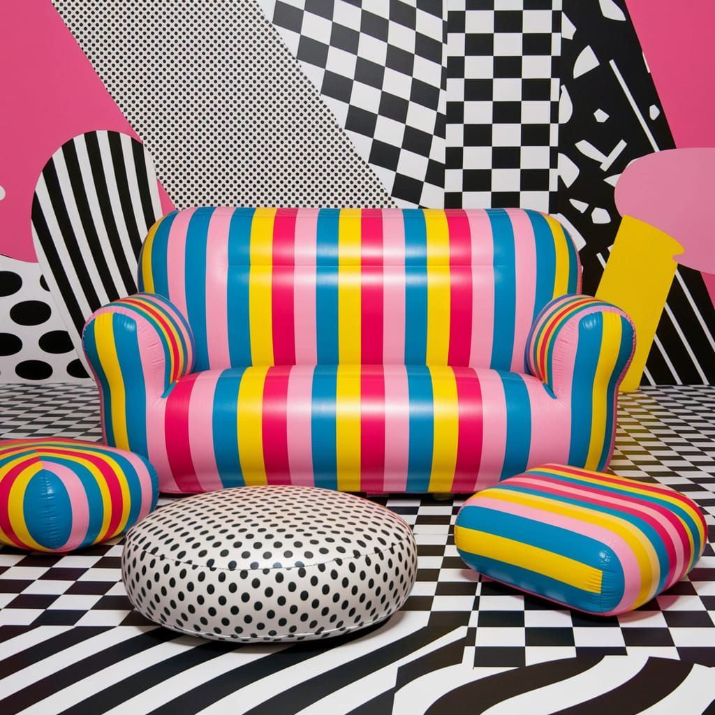 Vibrant 1960s-Inspired Blow-Up Furniture Scene in Psychedeli...