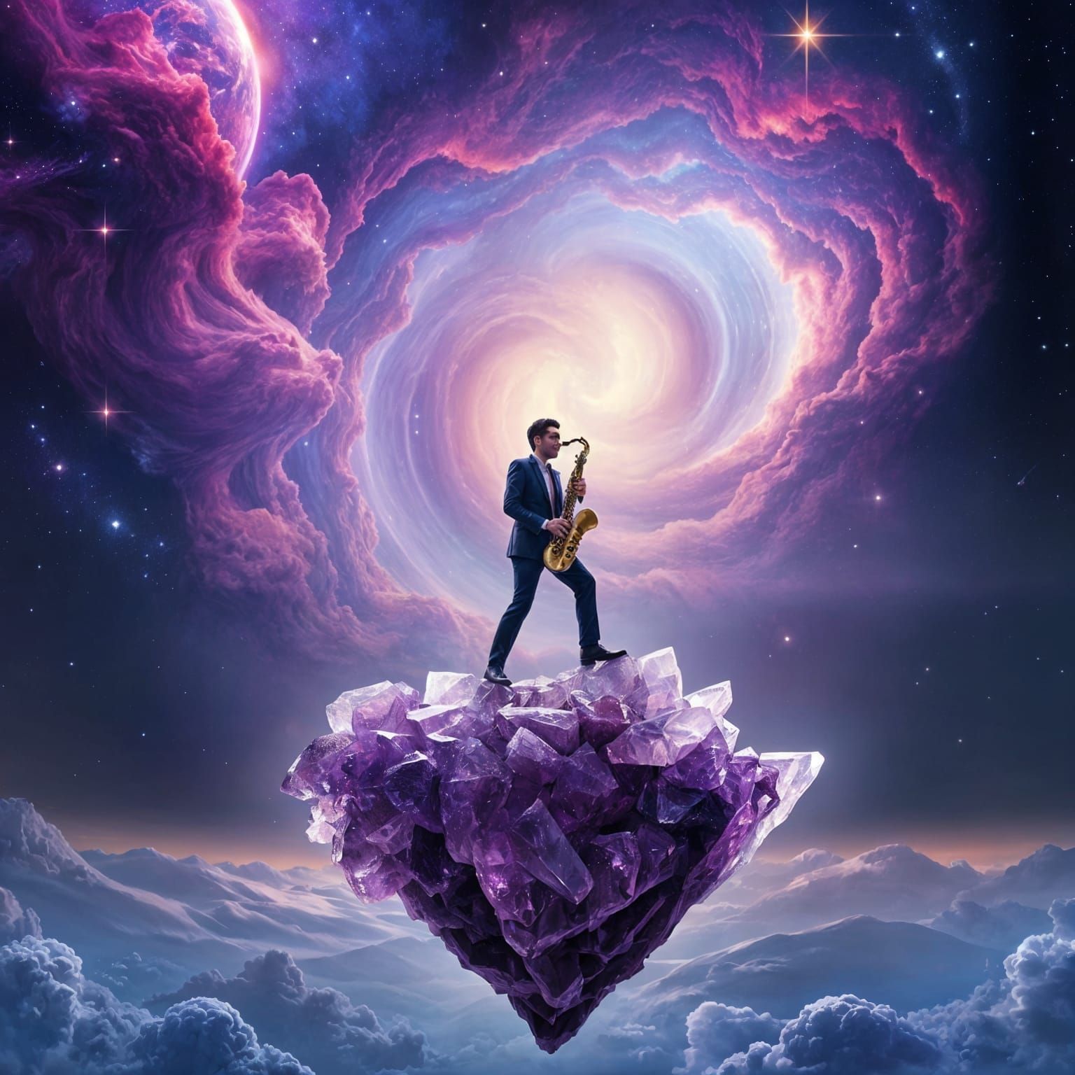 Cosmic Jazz Saxophonist on Amethyst Island: Hyperrealistic S...