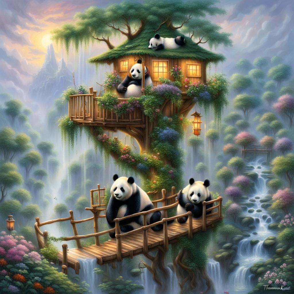 Pandas in Rainy Treehouse: Kinkade-esque Fantasy