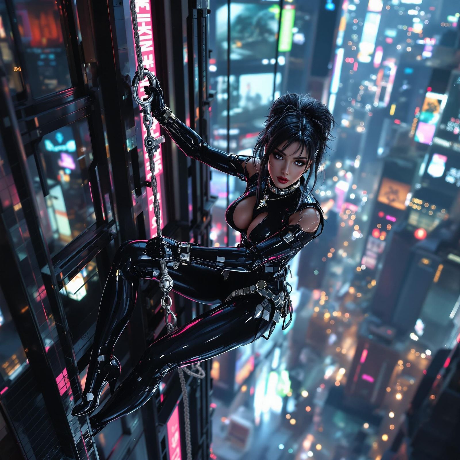 Italian Woman Rappelling Down Skyscraper in Comic Style