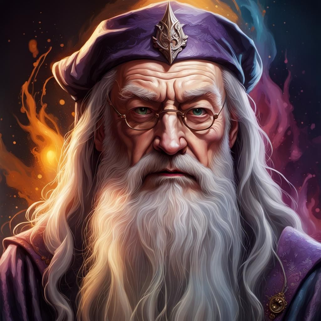 Hyperrealistic Dumbledore Portrait with Splash Art Backgroun...