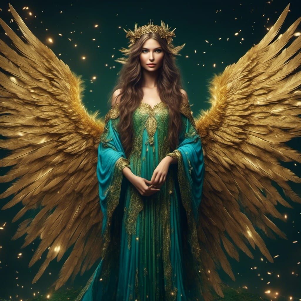 Beautiful Woman with Golden Wings in Photorealistic Style