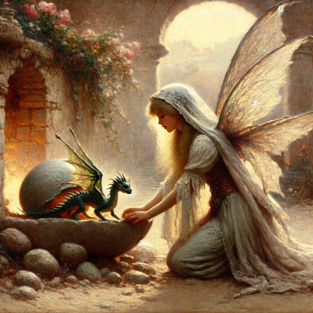 Fairy Assists Dragon Hatching: Romantic-Era Painting