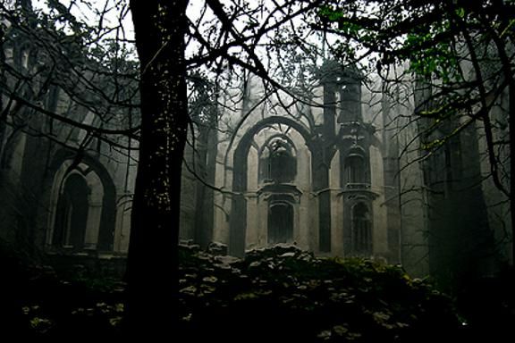Dark Monastery Ruins in Foggy Forest