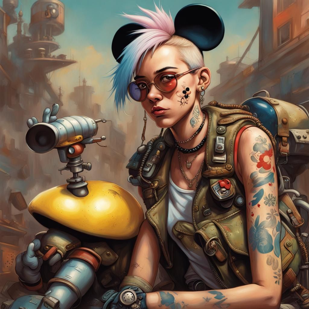 Tank Girl and Mickey Mouse: Hyperrealistic Splash Art
