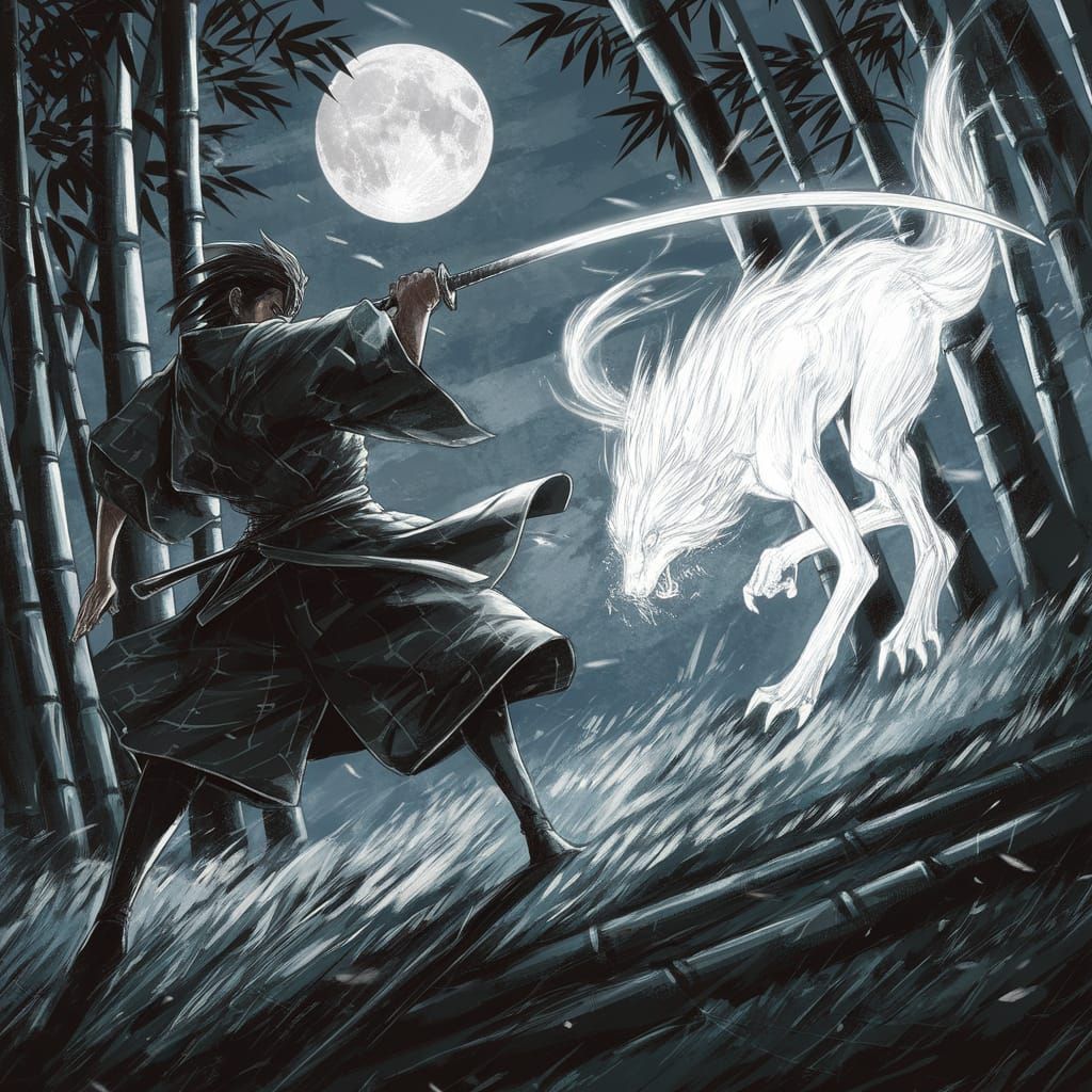 Moonlit Samurai Battles Mystical Beast in Bamboo Grove