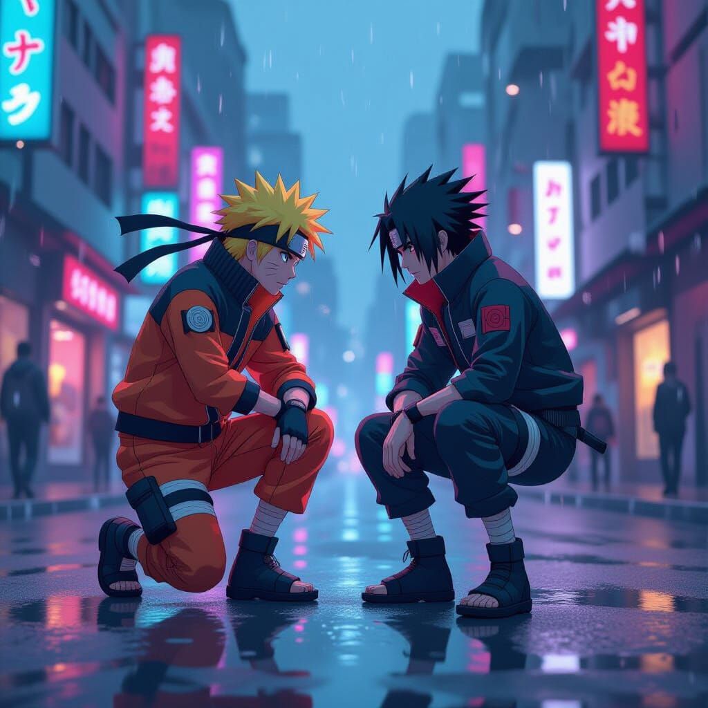 Naruto and Sasuke Training in Synthwave Cityscape