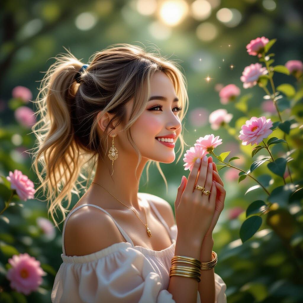 Joyful Woman Smells Ethereal Flowers in Magical Garden