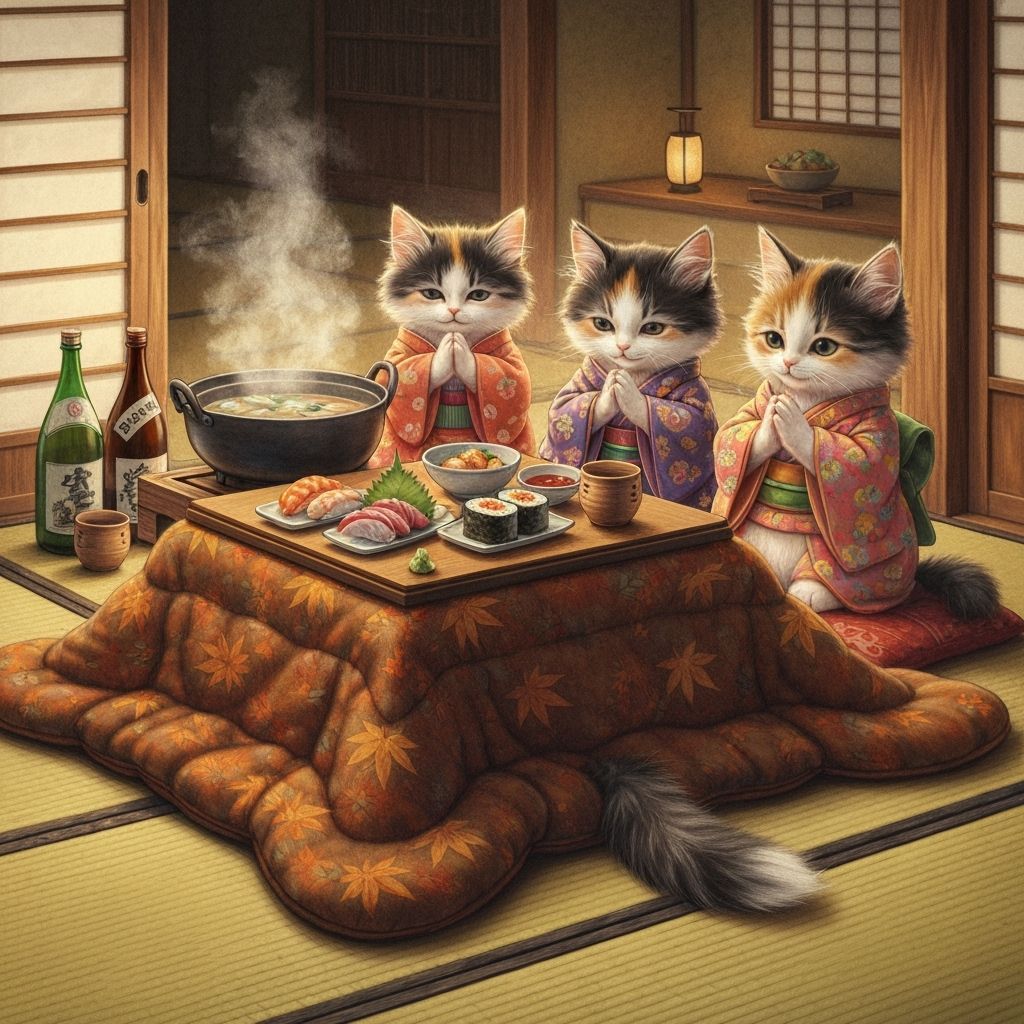 Fluffy Kittens in Autumn Kimonos at Kotatsu Table