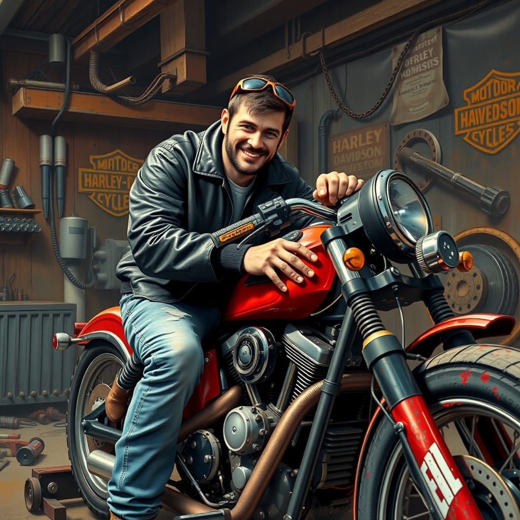 Gritty Mechanic Tinkers with Harley Davidson Engine
