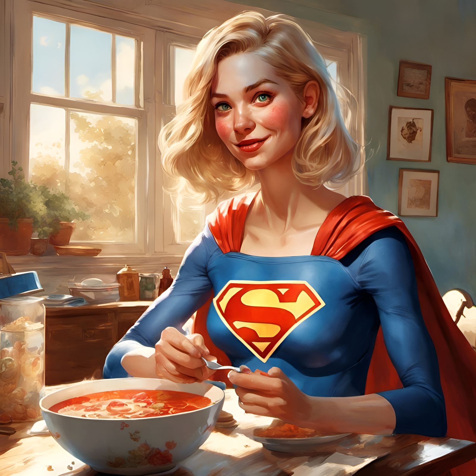Supergirl's Sunny Soup Lunch: A Digital Illustration