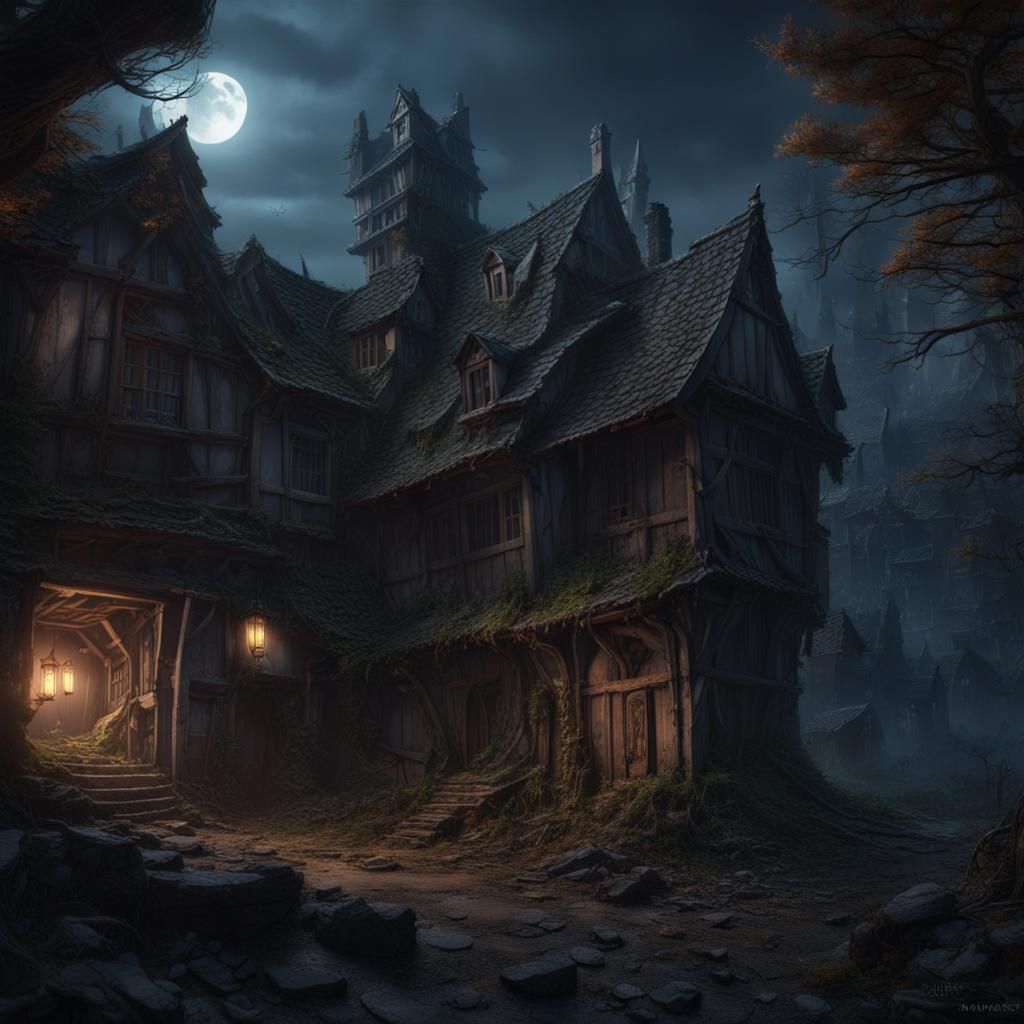 Haunted Medieval Village at Night in Anime Style