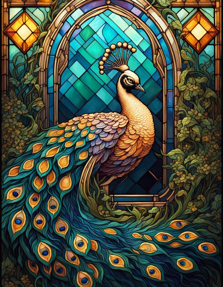 Stained Glass Peacock in Hyperdetailed Style