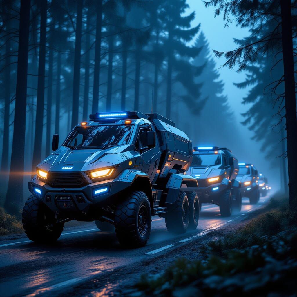 Futuristic Armored Trucks Convoy in Misty Woods