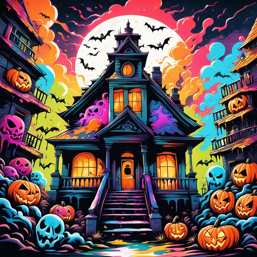 Haunted House with Monsters in Graffiti Art Style