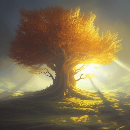 Golden Yggdrasil World Tree: Gothic Oil Painting