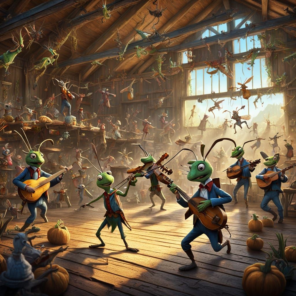 Whimsical Hoedown Scene in a Rustic Barn