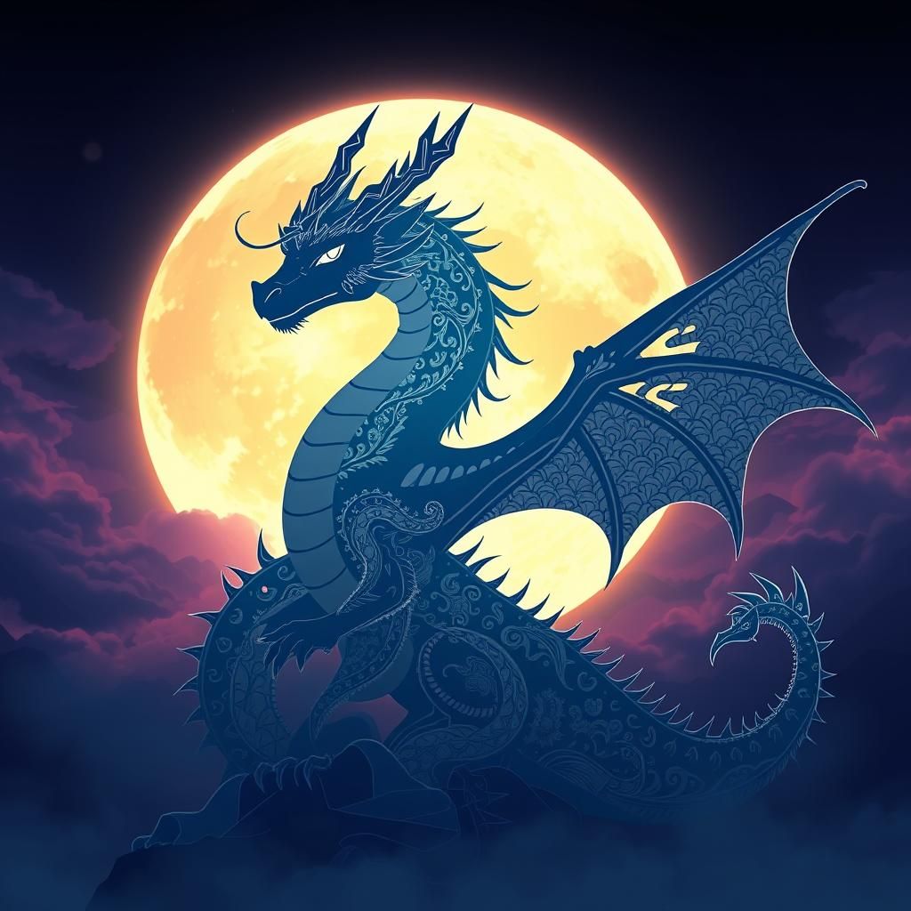 Dragon Silhouette Moonlit Portrait in Vaporwave Style