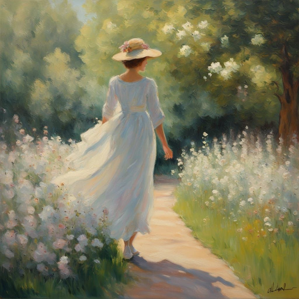 Woman Strolls Through a Vibrant Spring Garden in Impressioni...