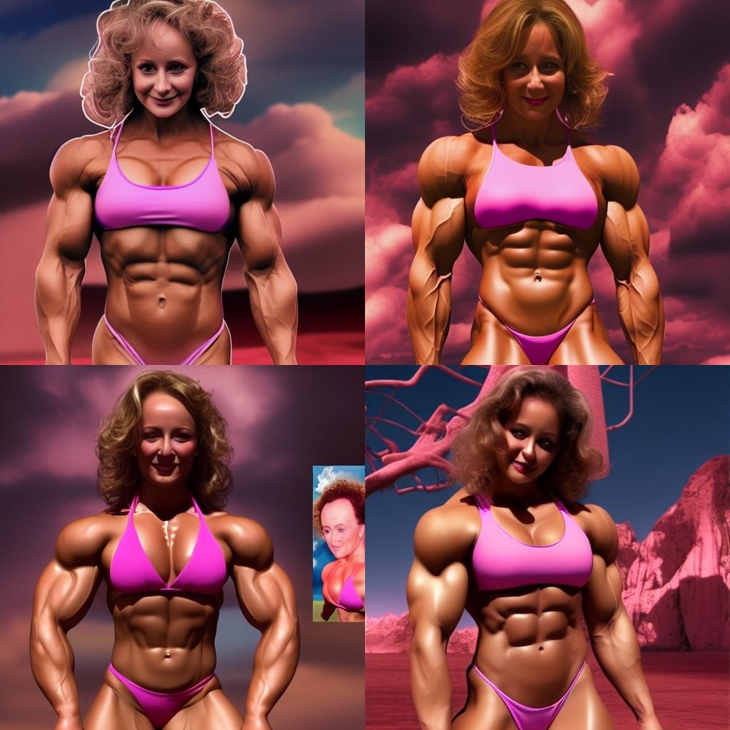 Female Muscle Competitor in Pink Bikini, Illustrated Portrai...