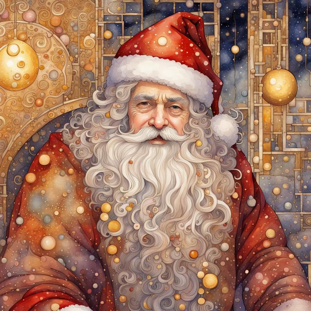 Cute Santa Claus in Gustav Klimt Style Watercolor